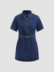 Denim Collar Solid Button Zipper Mini Dress With Belt