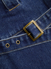 Denim Collar Solid Button Zipper Mini Dress With Belt