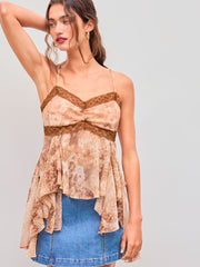 Sweetheart Neckline Floral Leopard Lace Ruffle Cami Top