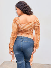 Cotton-blend Asymmetrical Neck Floral Leopard Lettuce Trim Ruffle Hem Top Curve & Plus