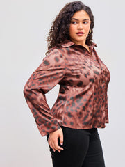 Collar Leopard Button Long Sleeve Shirt Curve & Plus
