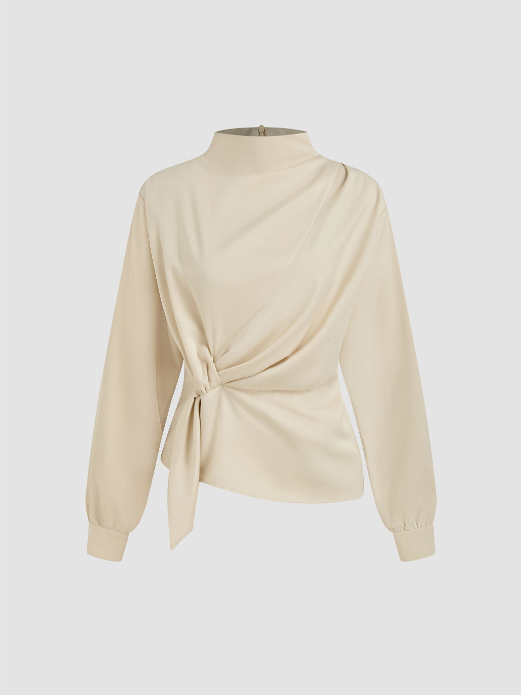 Satin Stand Collar Solid Knotted Long Sleeve Blouse
