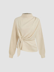 Satin Stand Collar Solid Knotted Long Sleeve Blouse