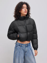 Stand Collar Solid Zipper Drawstring Pocket Puffer