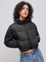 Stand Collar Solid Zipper Drawstring Pocket Puffer