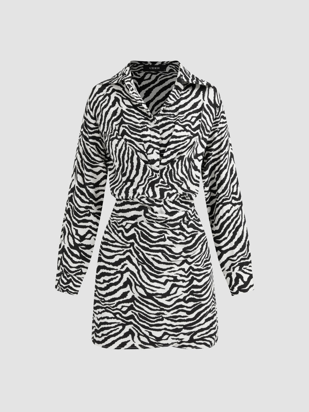 Collar Zebra Striped Long Sleeve Mini Dress