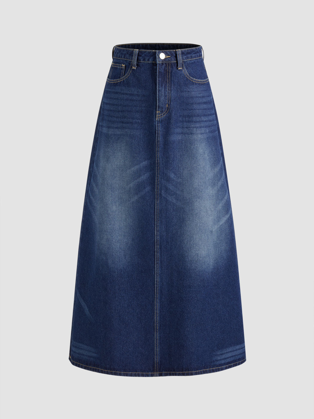 Denim Mid Waist Solid Pocket Maxi Skirt