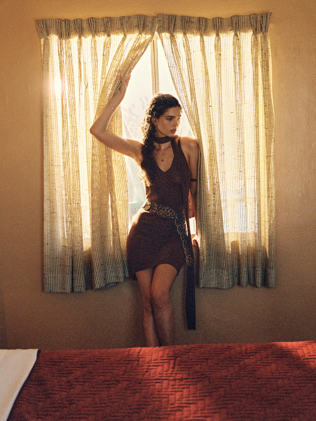 Knit V-neck Solid Cami Mini Dress With Scarf