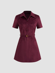 Suede Collar Solid Mini Shirt Dress With Belt