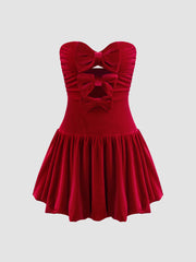 Velvet Tube Solid Bowknot Bubble Hem Mini Dress