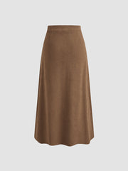 Corduroy Mid Rise Solid Button Ruffle Midi Skirt