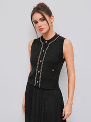 Knitted Round Neckline Solid Contrasting Binding Button Vest
