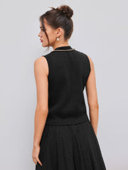 Knitted Round Neckline Solid Contrasting Binding Button Vest