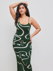 Knitted Square Neck Abstract Sleeveless Midi Dress Curve & Plus