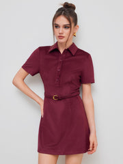 Suede Collar Solid Mini Shirt Dress With Belt