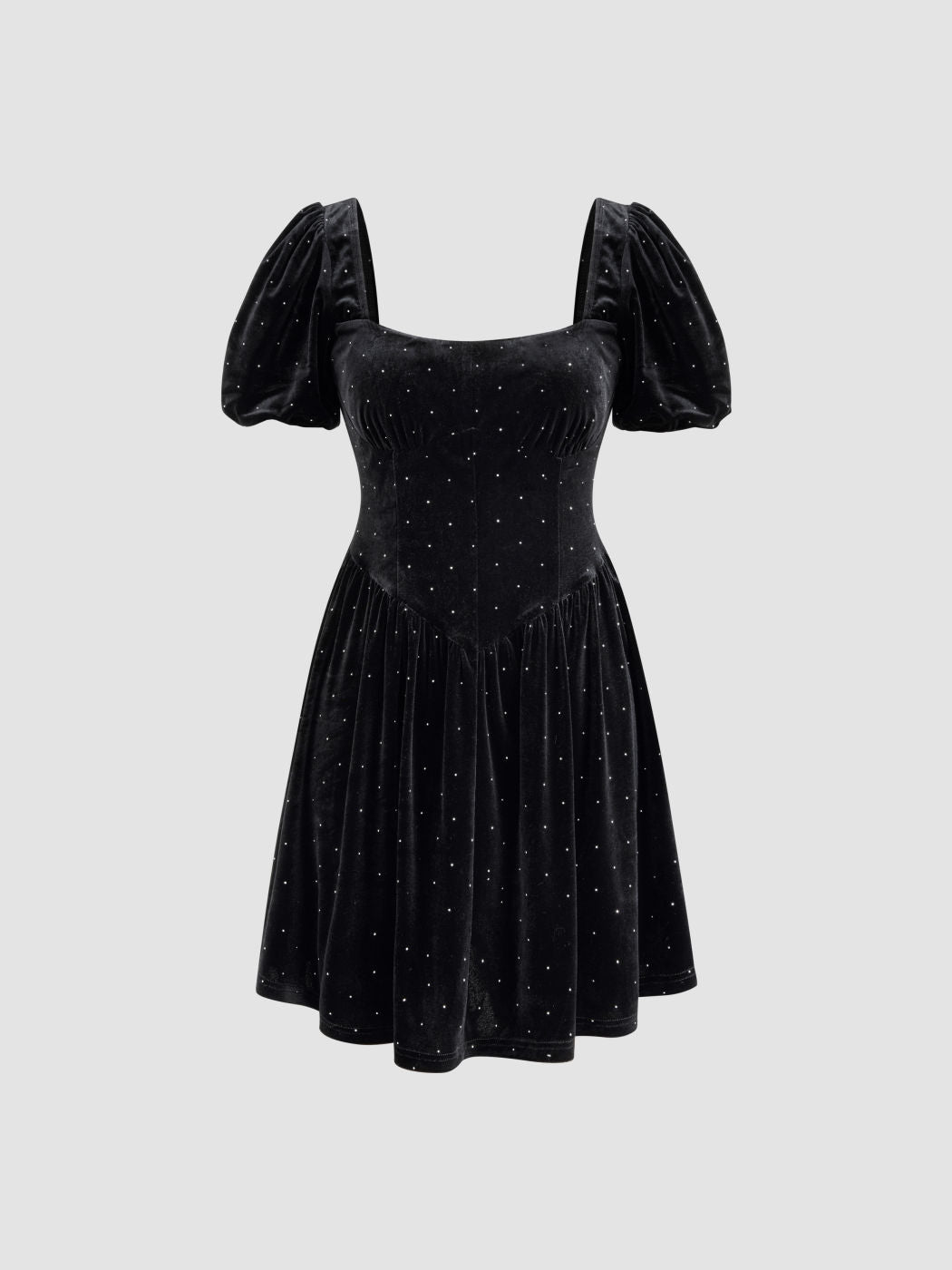Velvet Scoop Neckline Rhinestone Puff Sleeve Midi Dress