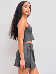 Solid Zipper Cami Crop Top & Solid Knotted Mini Skirt