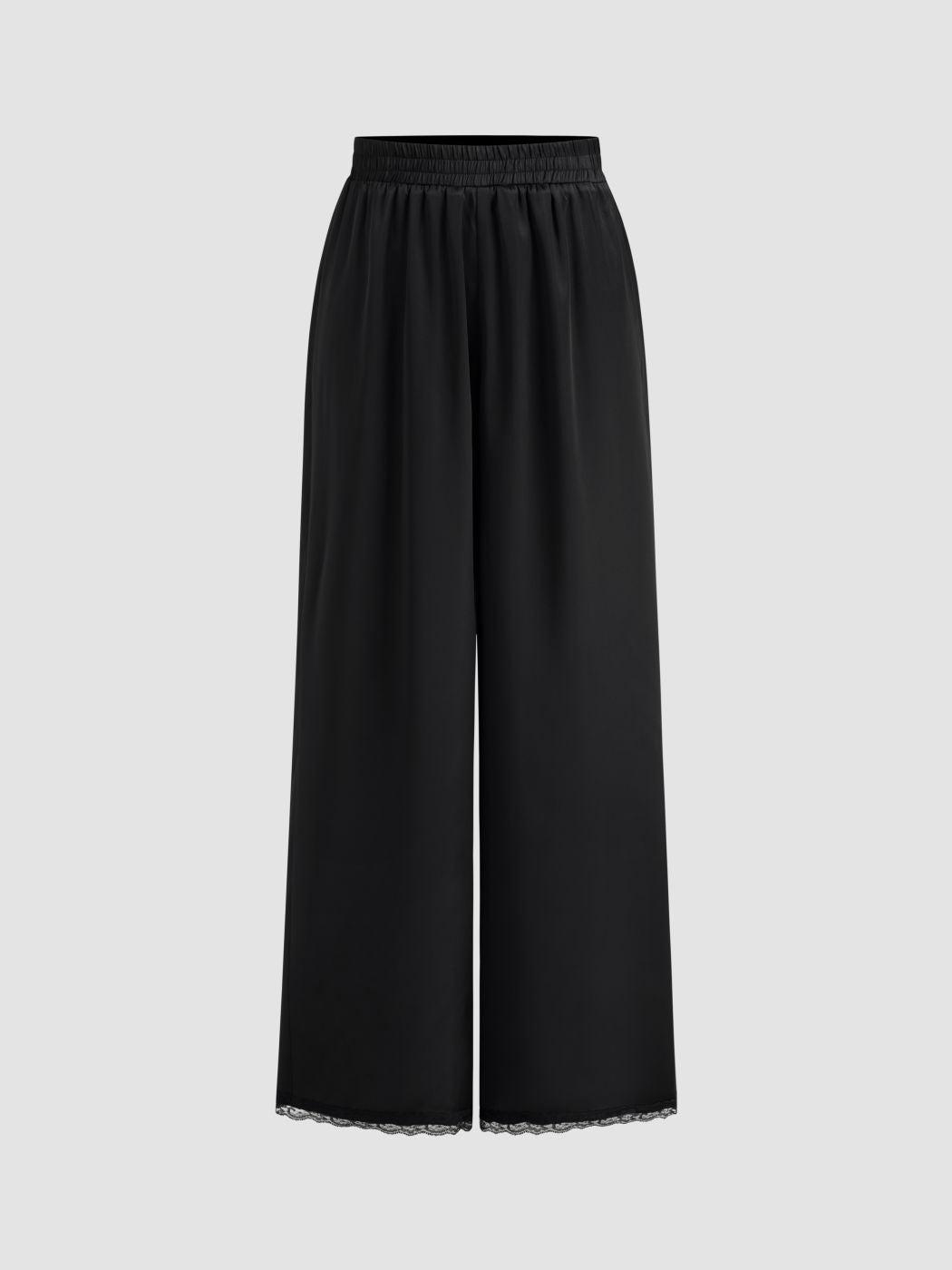 Satin Mid Rise Lace Elastic Waist Wide Leg Trousers
