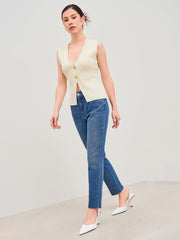 Knitted V-neck Solid Button Vest