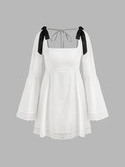 100% Cotton Square Neck Solid Broderie Anglaise Hem Knotted Mini Dress