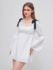100% Cotton Square Neck Solid Broderie Anglaise Hem Knotted Mini Dress