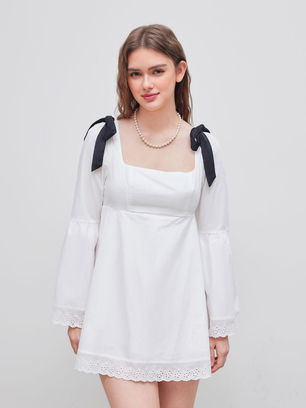 100% Cotton Square Neck Solid Broderie Anglaise Hem Knotted Mini Dress