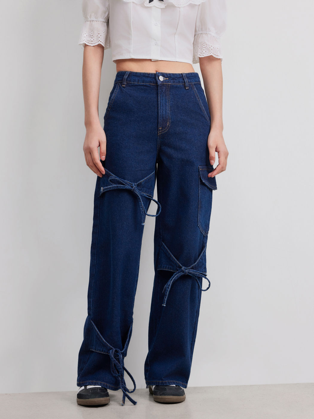 Cider Denim Low Rise Solid Bowknot Pocket Wide Leg Jeans