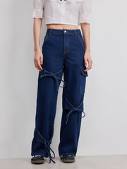 Cider Denim Low Rise Solid Bowknot Pocket Wide Leg Jeans