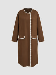 Wool-like Round Neckline Solid Contrasting Binding Coat With Scarf