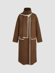 Wool-like Round Neckline Solid Contrasting Binding Coat With Scarf