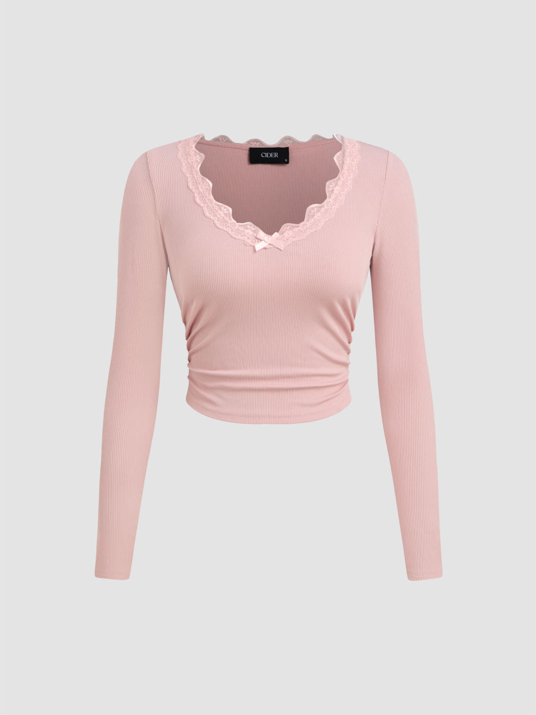 V-neck Solid Bowknot Lace Ruched Long Sleeve Crop Top