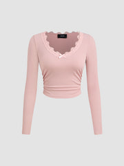 V-neck Solid Bowknot Lace Ruched Long Sleeve Crop Top