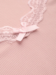 V-neck Solid Bowknot Lace Ruched Long Sleeve Crop Top