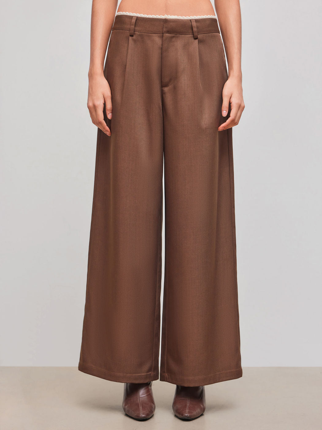 Low Rise Solid Lace Trim Pocket Wide Leg Trousers