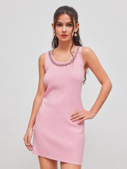 Knit Scoop Neckline Solid Rhinestone Mini Dress
