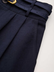 100% Cotton Mid Rise Solid Pleated Pocket Belted Tapered Trousers