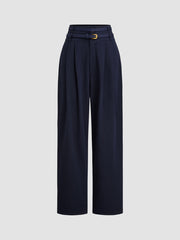 100% Cotton Mid Rise Solid Pleated Pocket Belted Tapered Trousers