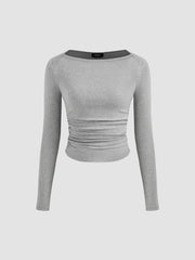 Cotton-blend Boat Neck Solid Ruched Long Sleeve Tee
