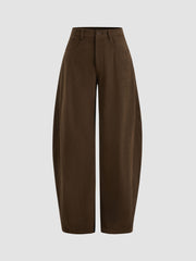 Corduroy Mid Rise Solid Pocket Barrel-leg Trousers