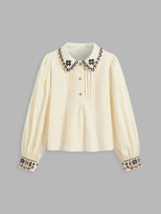 100% Cotton Collar Aztec Button Long Sleeve Blouse