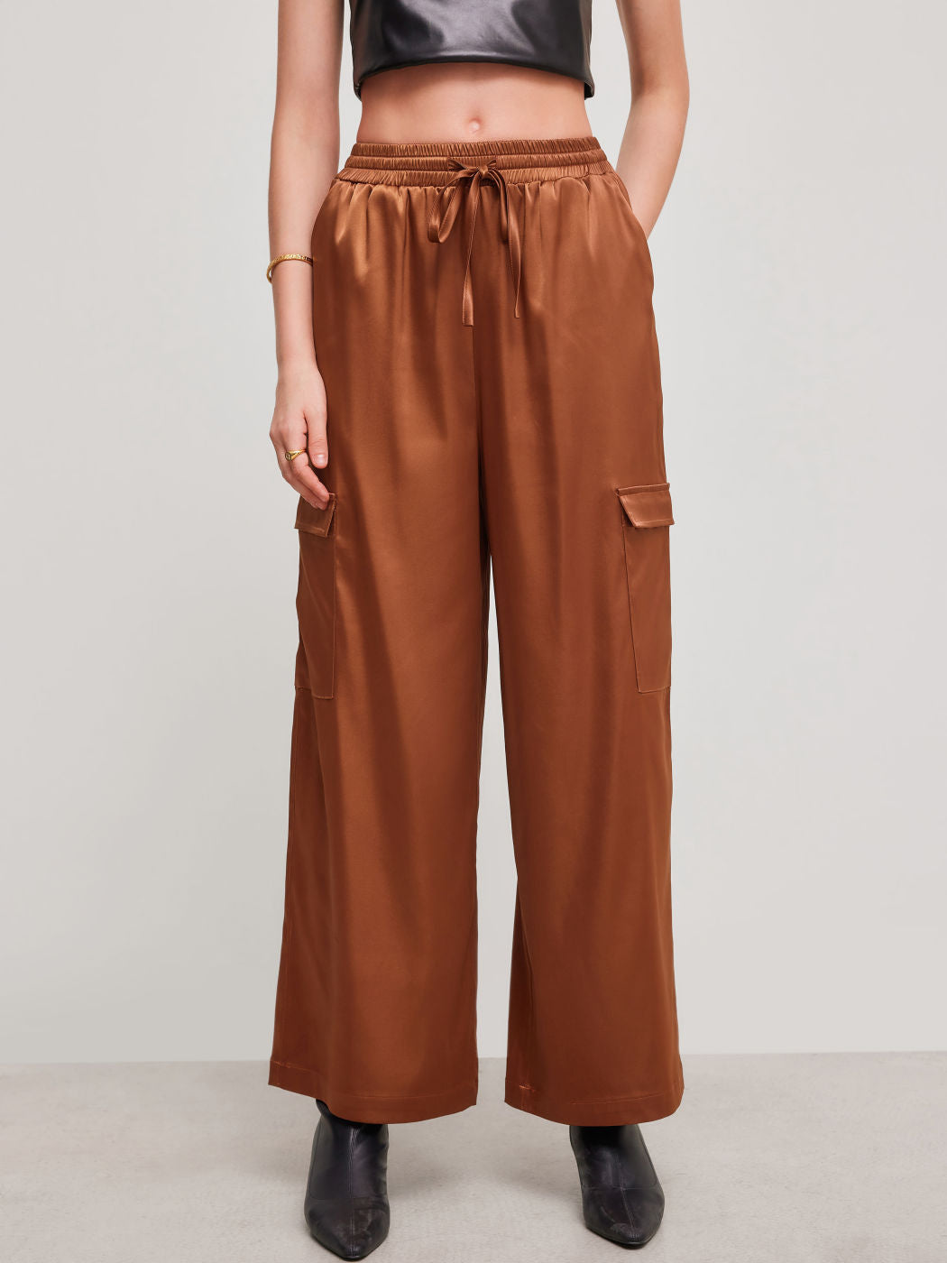 Satin Mid Rise Knotted Pocket Straight Leg Trousers