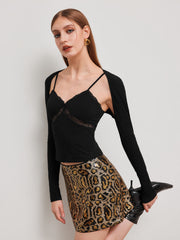 V-neck Lace Cami Top & Solid Long Sleeve Crop Shrug Set