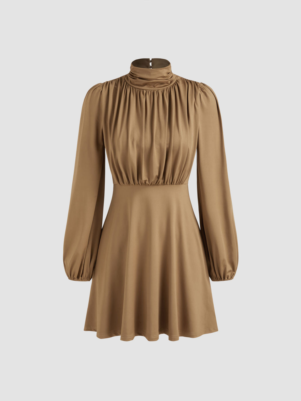 High Neck Solid Ruched Zipper Mini Dress