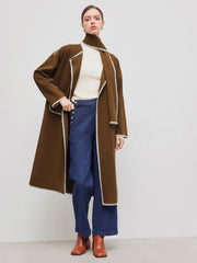 Wool-like Round Neckline Solid Contrasting Binding Coat With Scarf