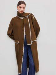 Wool-like Round Neckline Solid Contrasting Binding Coat With Scarf