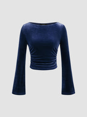Velvet Boat Neck Solid Ruched Long Sleeve Crop Top