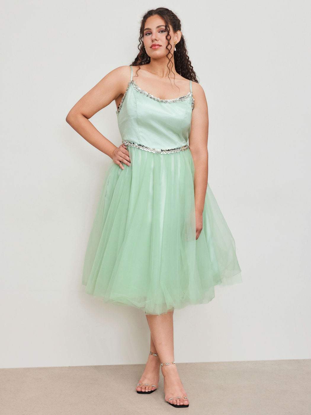Sweetheart Sequin Corset Tulle Ruffle Midi Dress Curve & Plus