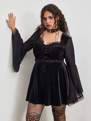 Velvet Square Neck Lace Up Bell Sleeve Mini Dress Curve & Plus
