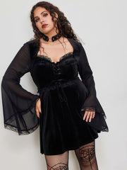 Velvet Square Neck Lace Up Bell Sleeve Mini Dress Curve & Plus