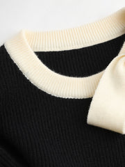 Knit Round Neckline Contrasting Binding Bowknot Long Sleeve Top